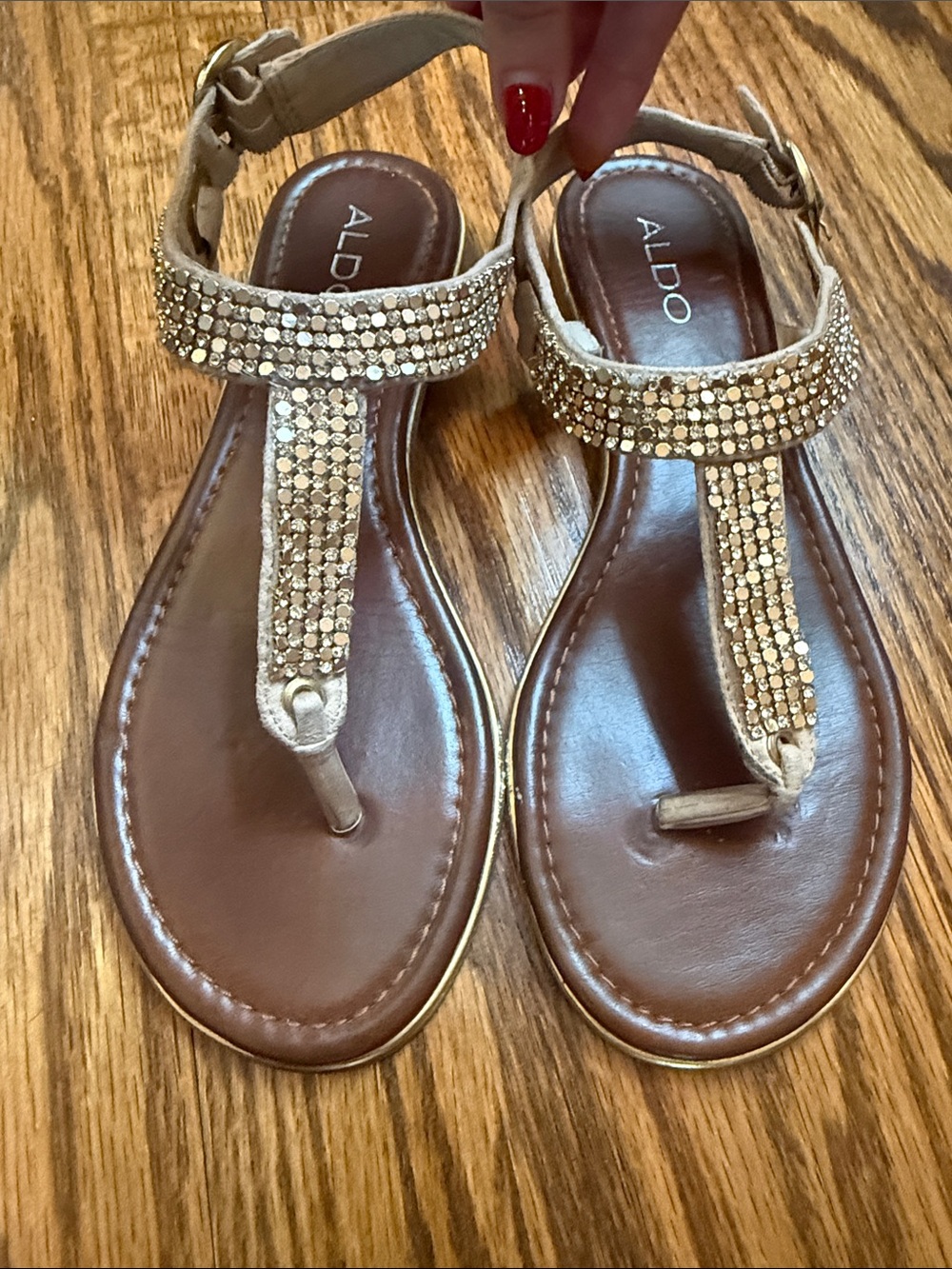 ALDO Gold Crystal T-Strap Sandals with Brown Footbed
